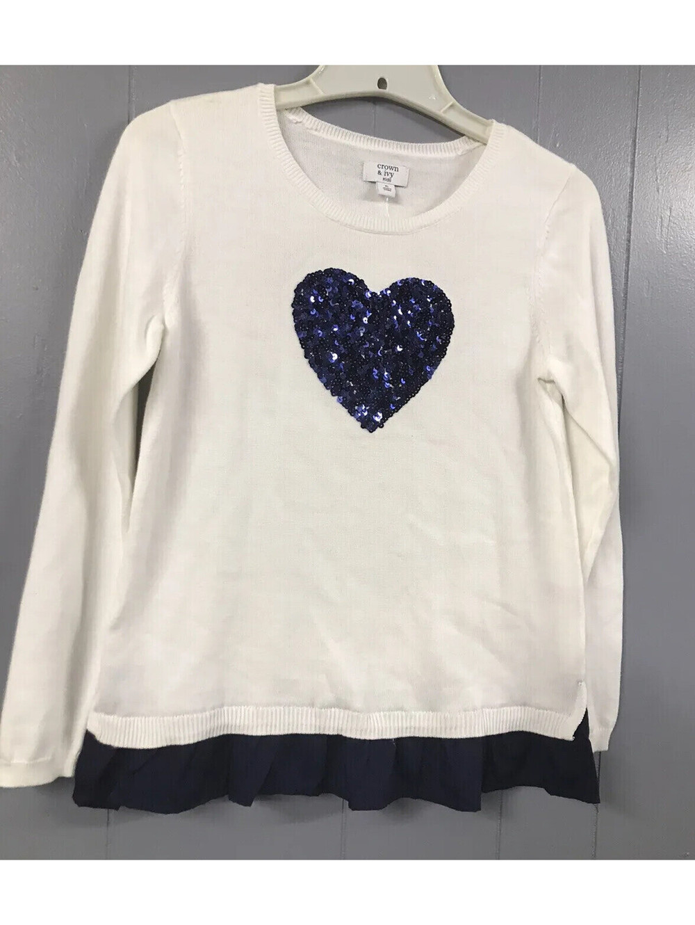 Crown & Ivy Kids Sweater. Ivory With Blue Sequined Heart.Ruffle Hem Size XL. NWT